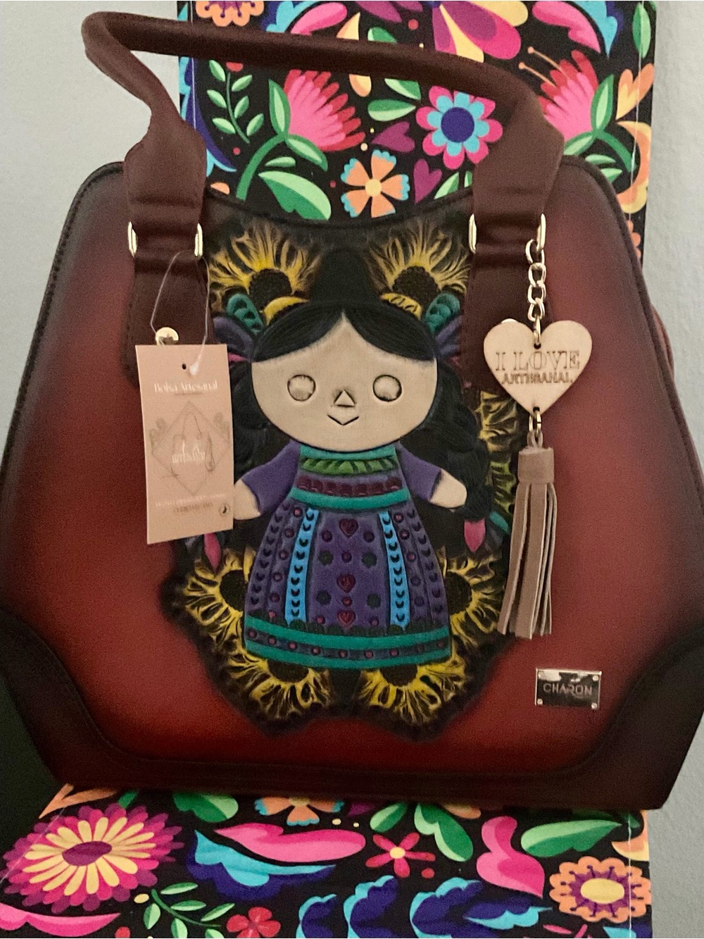 Chalona Brown Multicolor Doll Appliqué Tote with Tassel Charm